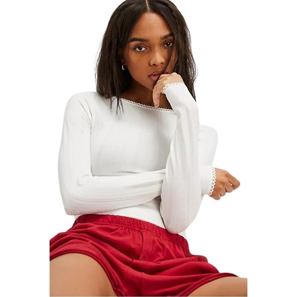 New FREE PEOPLE Playing Favorites‎ White Pointelle Boat Neck Thong Bodysuit XS S - Picture 3 of 7